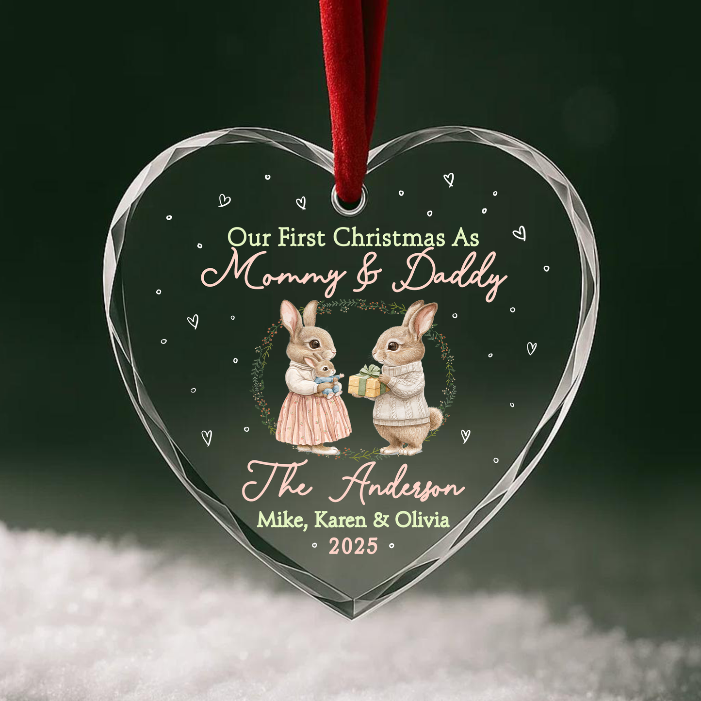Our First Christmas as Mommy Daddy Bunny Couple Custom Glass Ornament