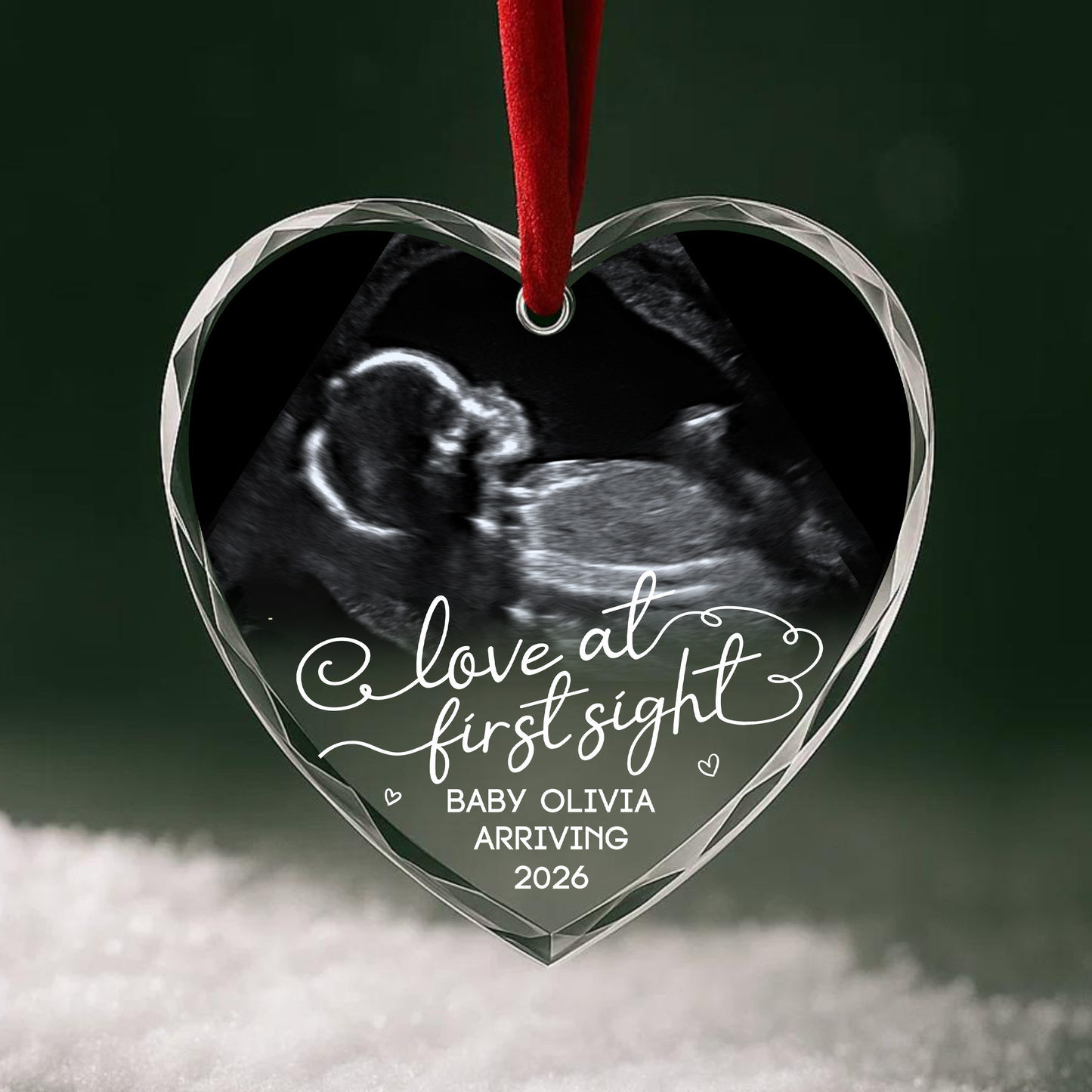 Love at First Sight Ultrasound Baby Announcement Custom Glass Ornament