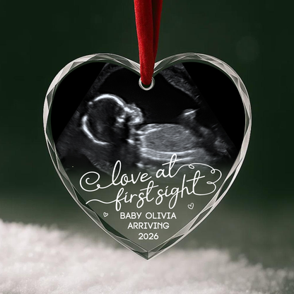 Love at First Sight Ultrasound Baby Announcement Custom Glass Ornament