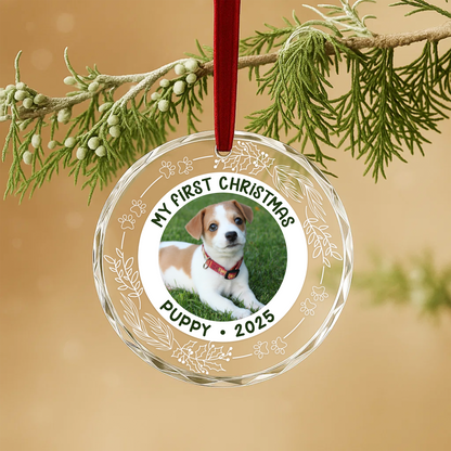 My First Christmas Puppy Photo Custom Glass Ornament