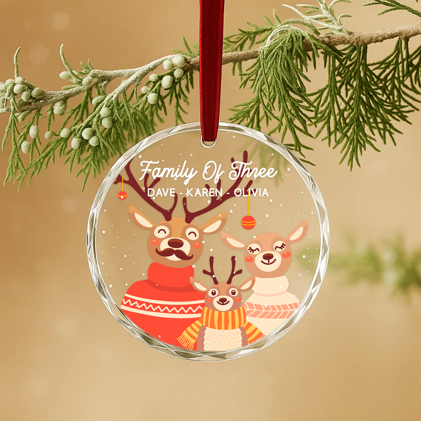 Family of Three Reindeer Custom Glass Ornament