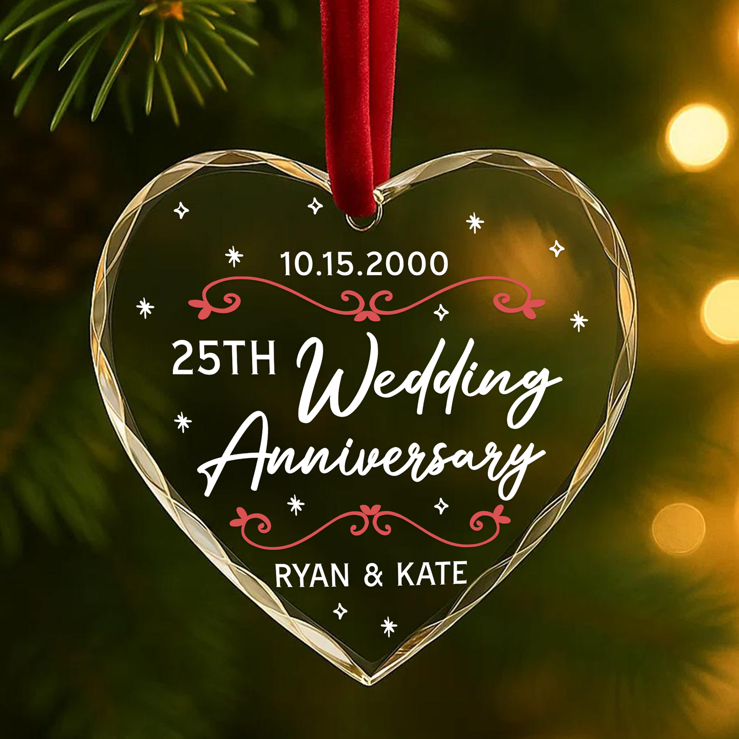 25th Wedding Anniversary Red Flourish Custom Glass Ornament