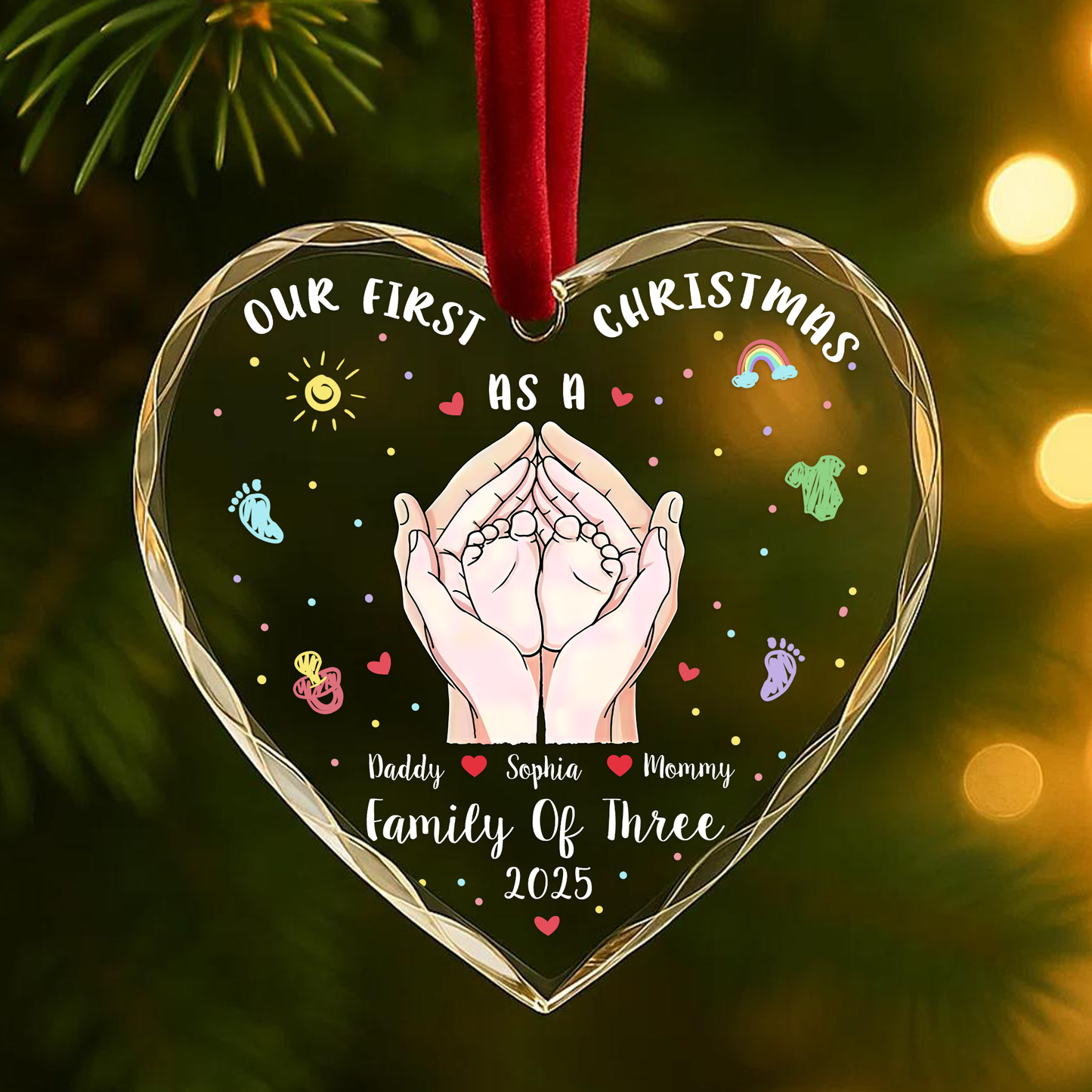 Our First Christmas as a Family of Three Hands & Baby Feet Ornament