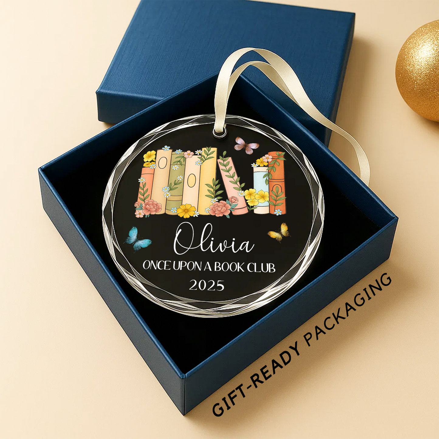 Once Upon a Book Club Ornament, Floral Book Stack Personalized Design