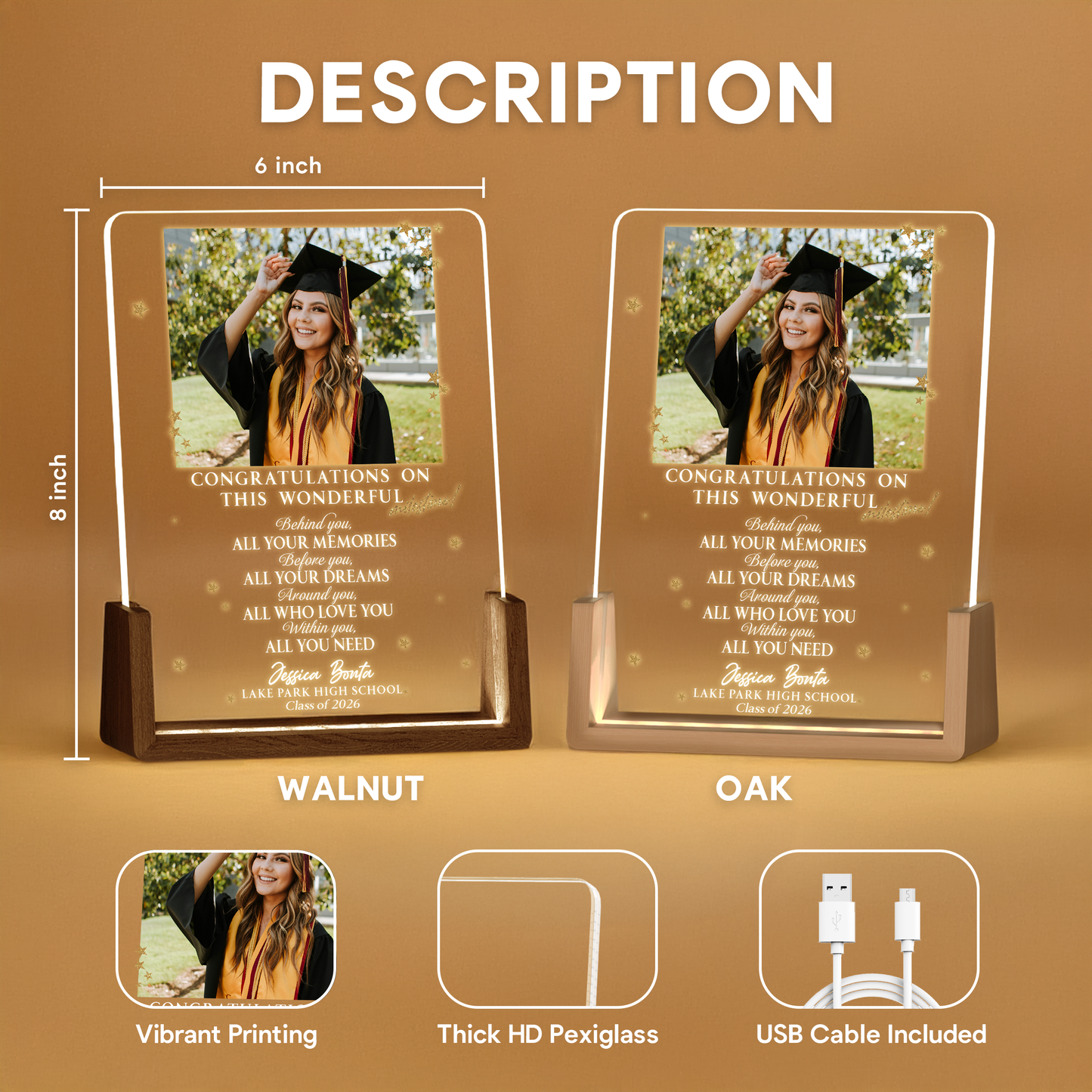 Personalized Graduation Photo LED Plaque – Custom Name & School Gift for Class of 2026
