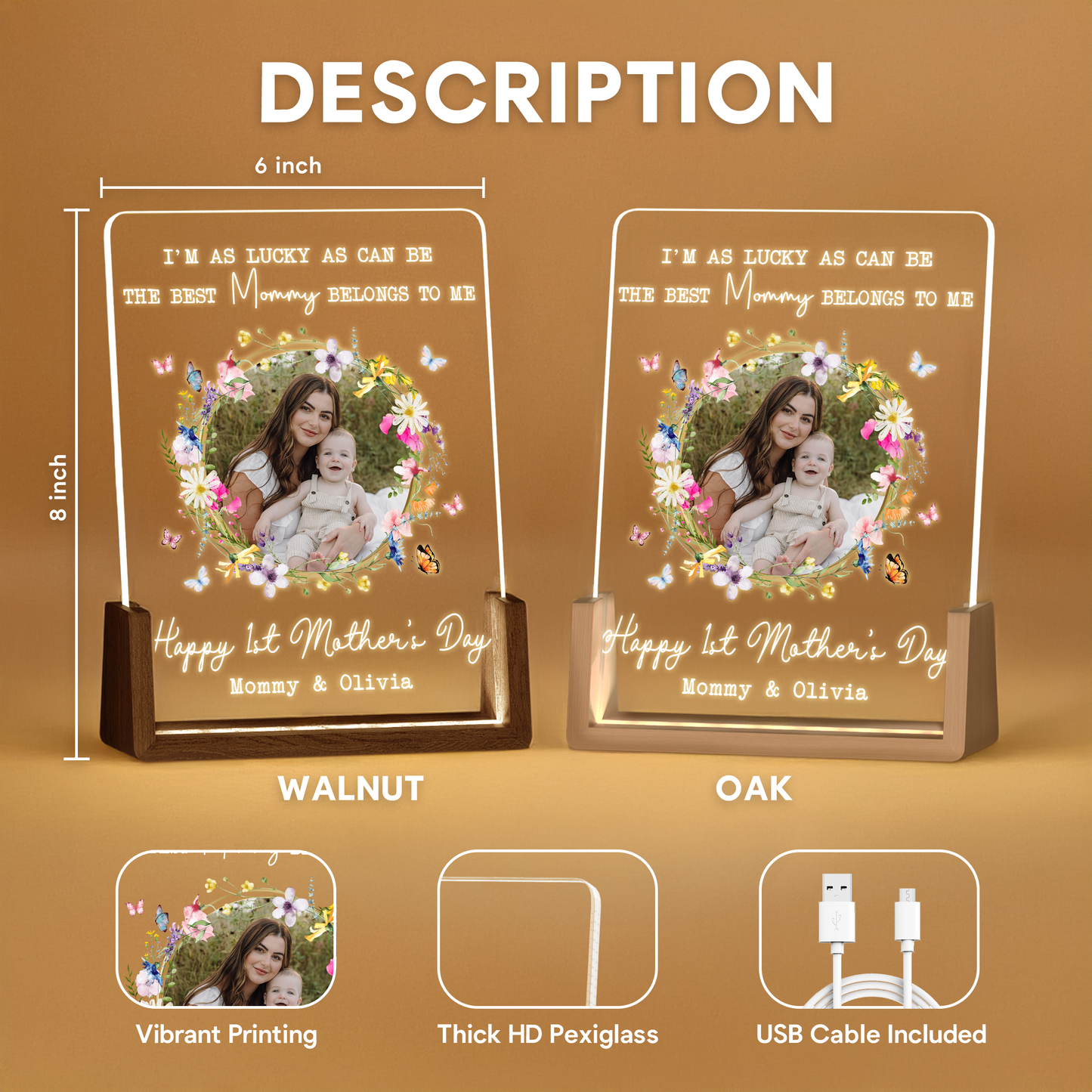 Personalized Mother’s Day LED Photo Plaque – Custom Mommy & Baby Gift with Name & Message