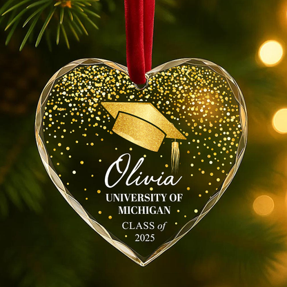 Graduation Cap Gold Confetti Custom Glass Ornament