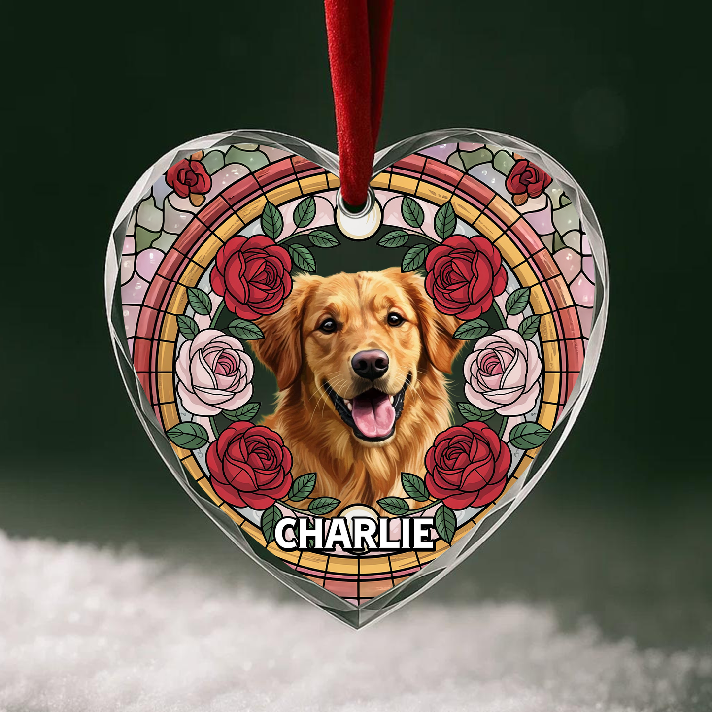 Stained Glass Flower Ornament with Custom Pet Portrait, Personalized Pet Memorial or Christmas Gift