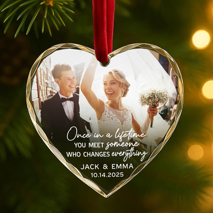Once in a Lifetime Wedding Photo Custom Glass Ornament