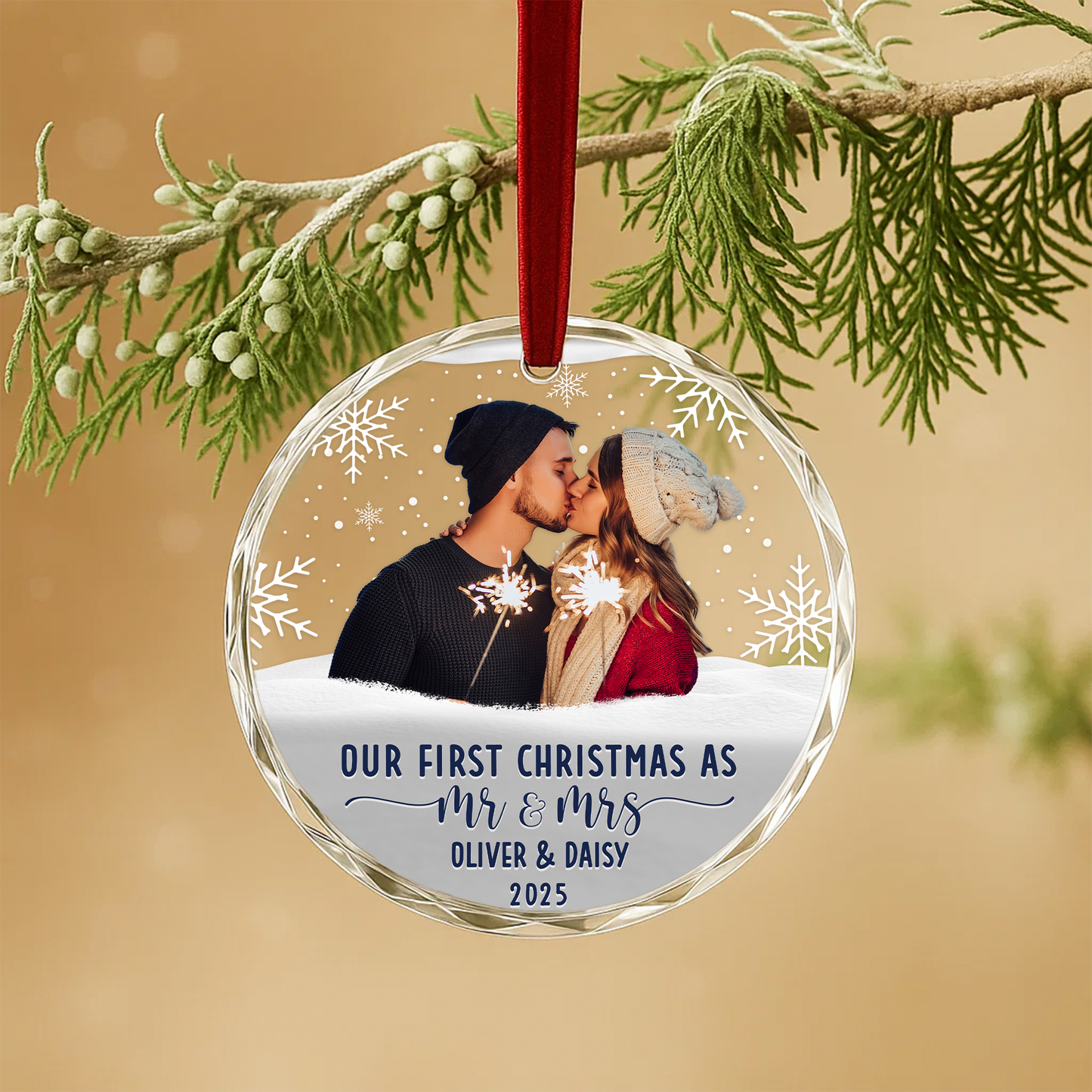 Our First Christmas as Mr and Mrs Couple Photo Custom Glass Ornament