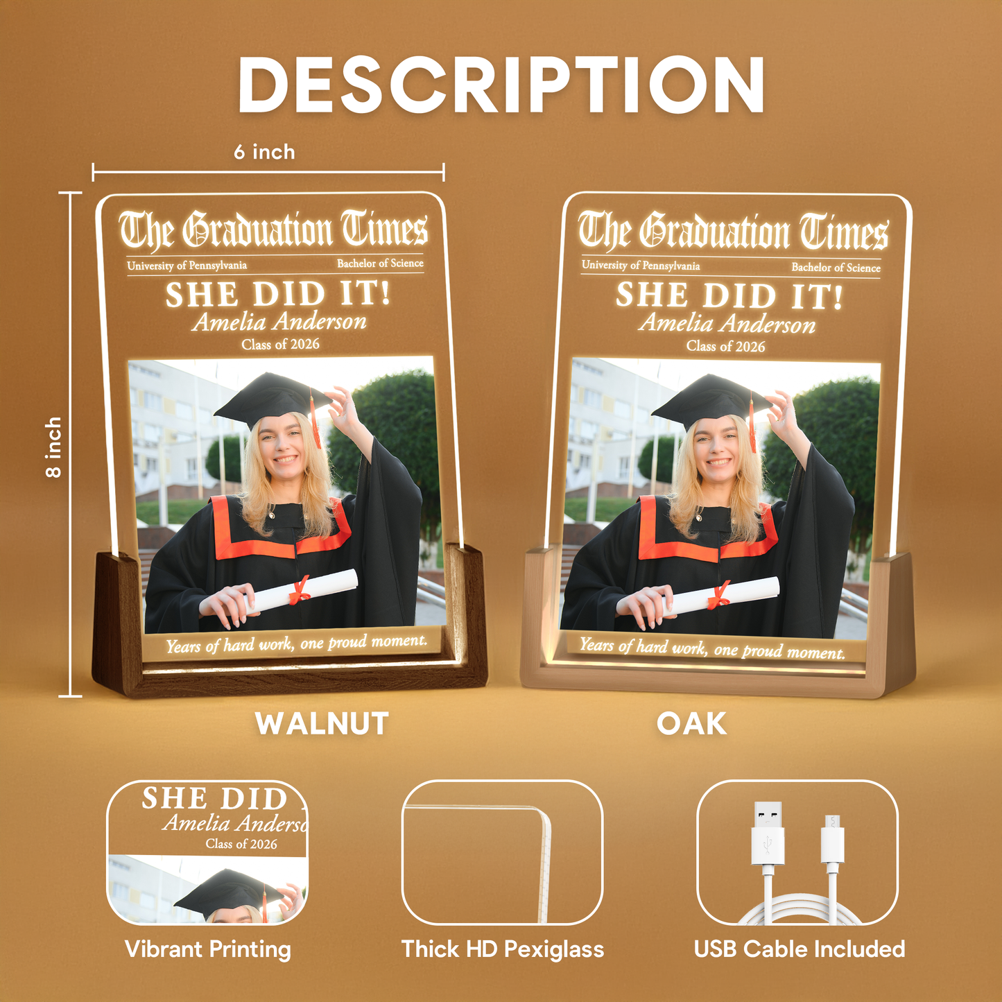 Personalized Graduation Newspaper LED Plaque – Custom Photo, Name & School Gift for Class of 2026