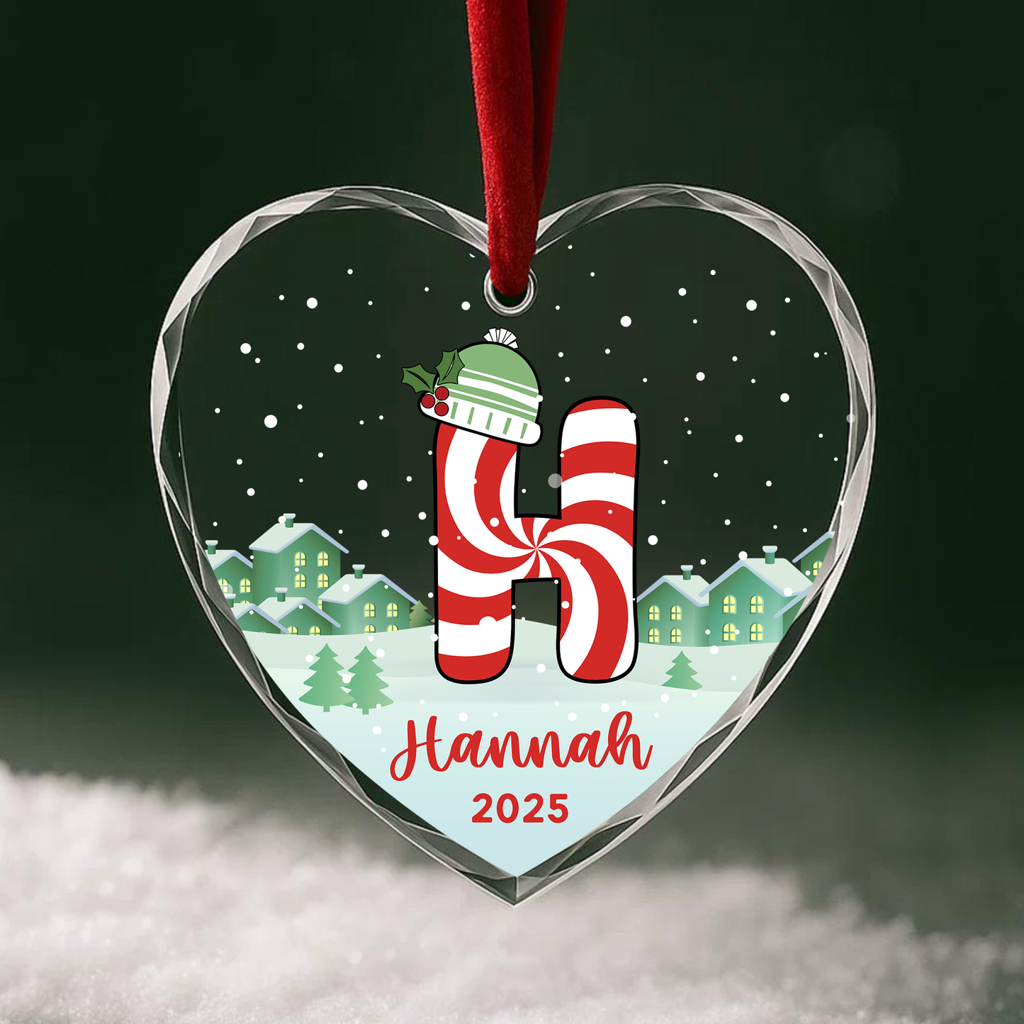 Monogram Letter Name Candy Cane Custom Glass Ornament
