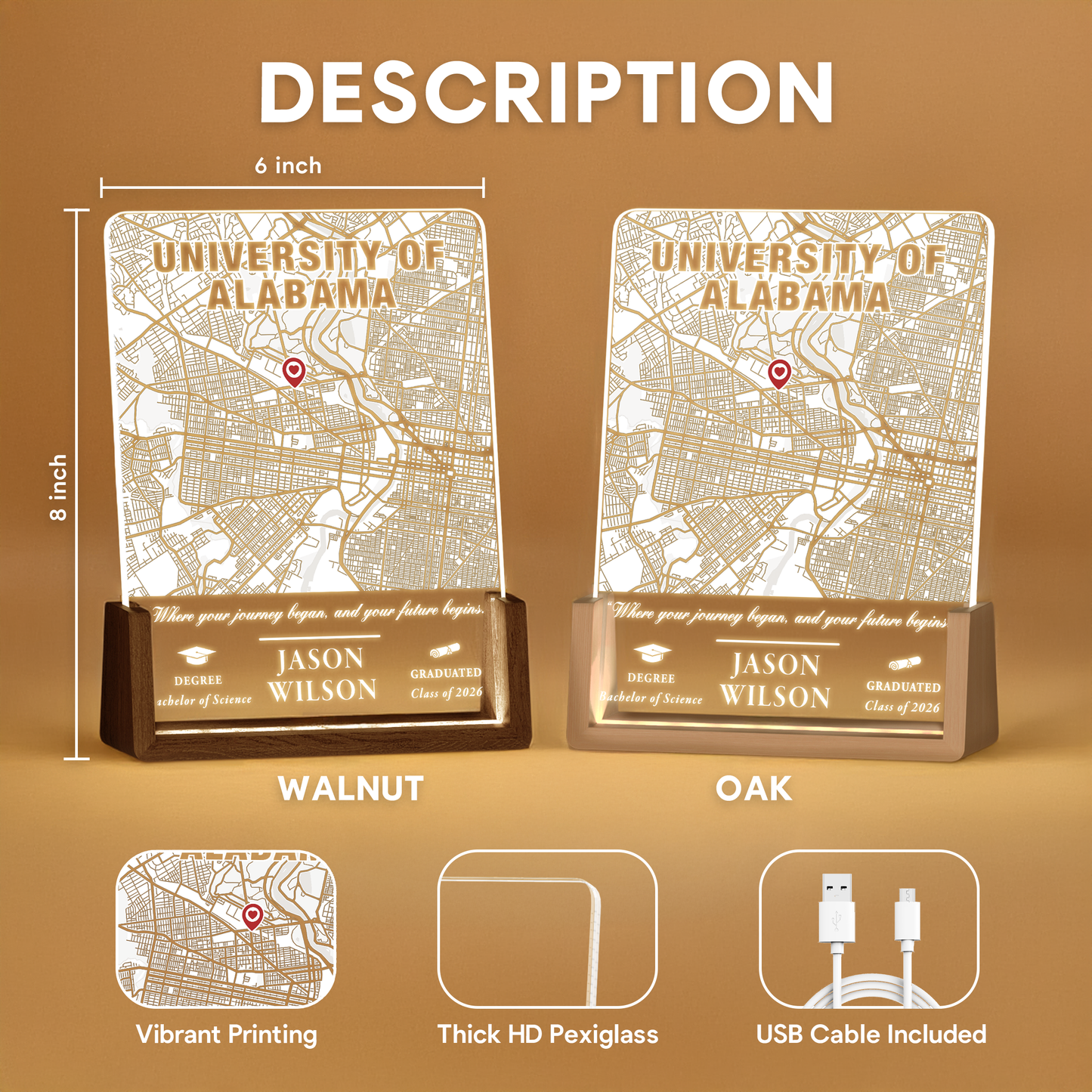 Personalized Graduation Map LED Plaque – Custom University Gift with Name, Degree & Year