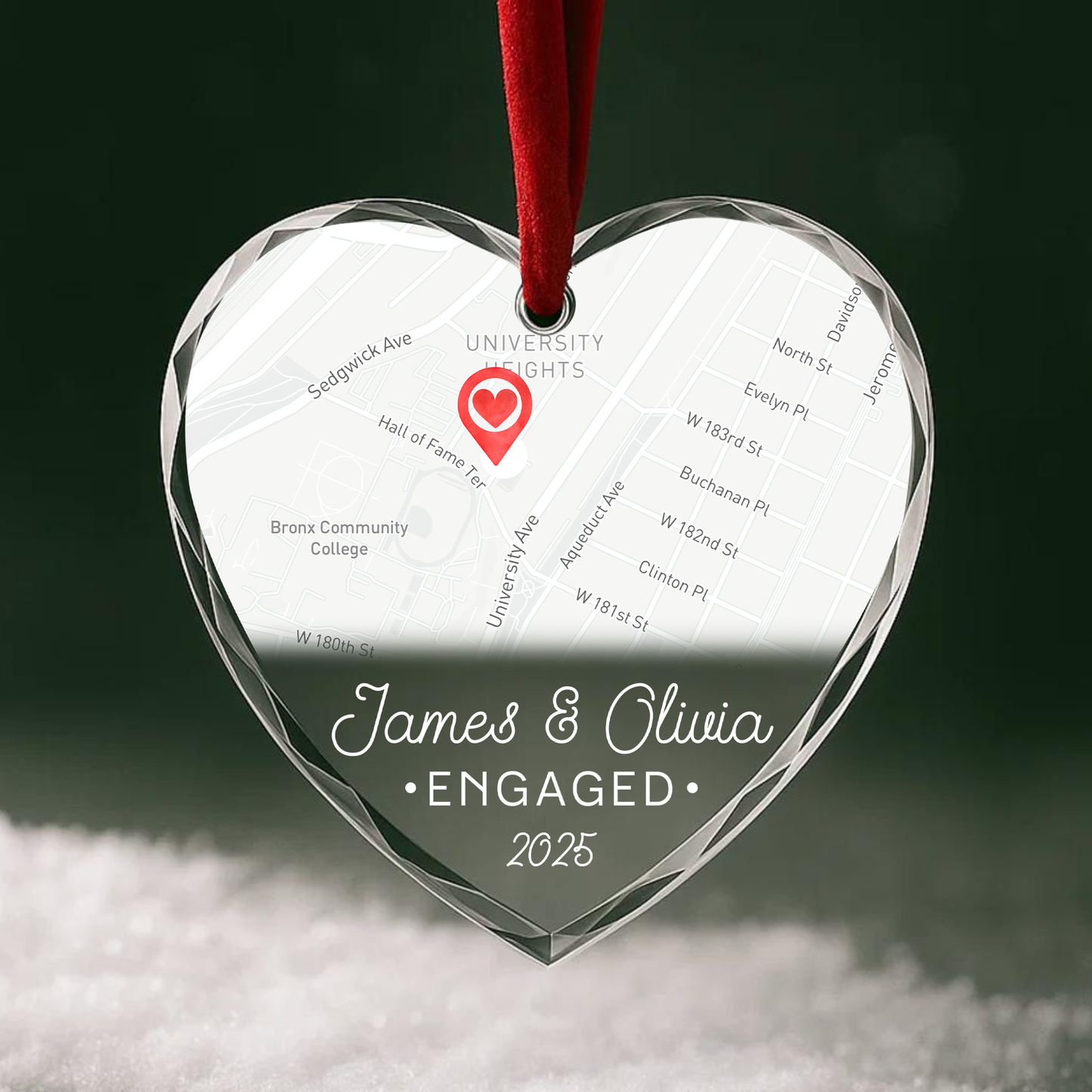Engaged 2025 Custom Map Heart Ornament, Where Our Story Began