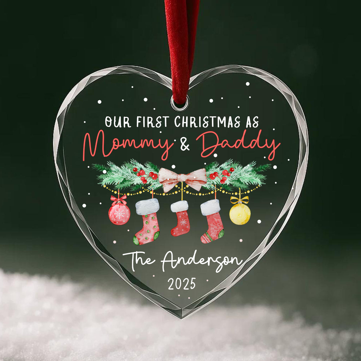 Our First Christmas as Mommy Daddy Stocking Garland Custom Glass Ornament