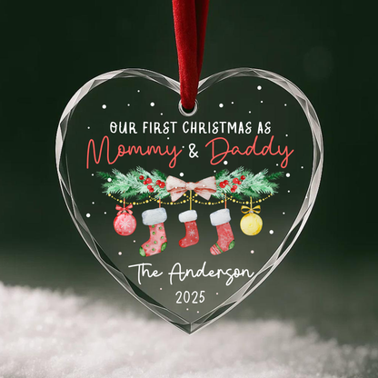 Our First Christmas as Mommy Daddy Stocking Garland Custom Glass Ornament