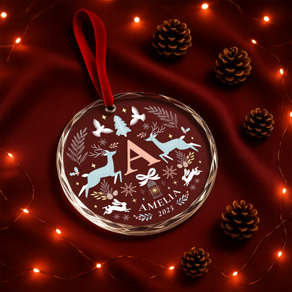 Custom Name Initial Ornament, Reindeer Floral Heart Design
