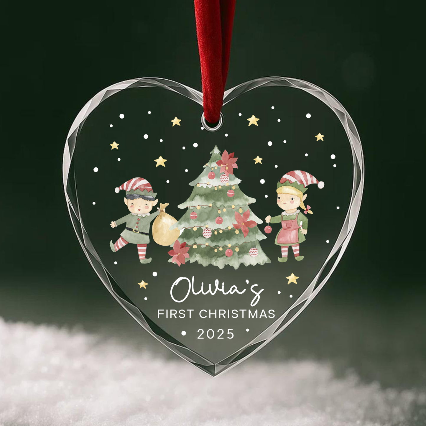 My First Christmas Elves and Tree Custom Glass Ornament