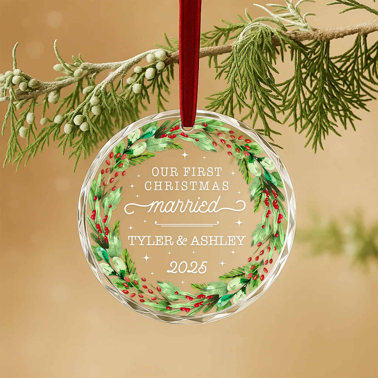 Our First Christmas Married Wreath Custom Glass Ornament