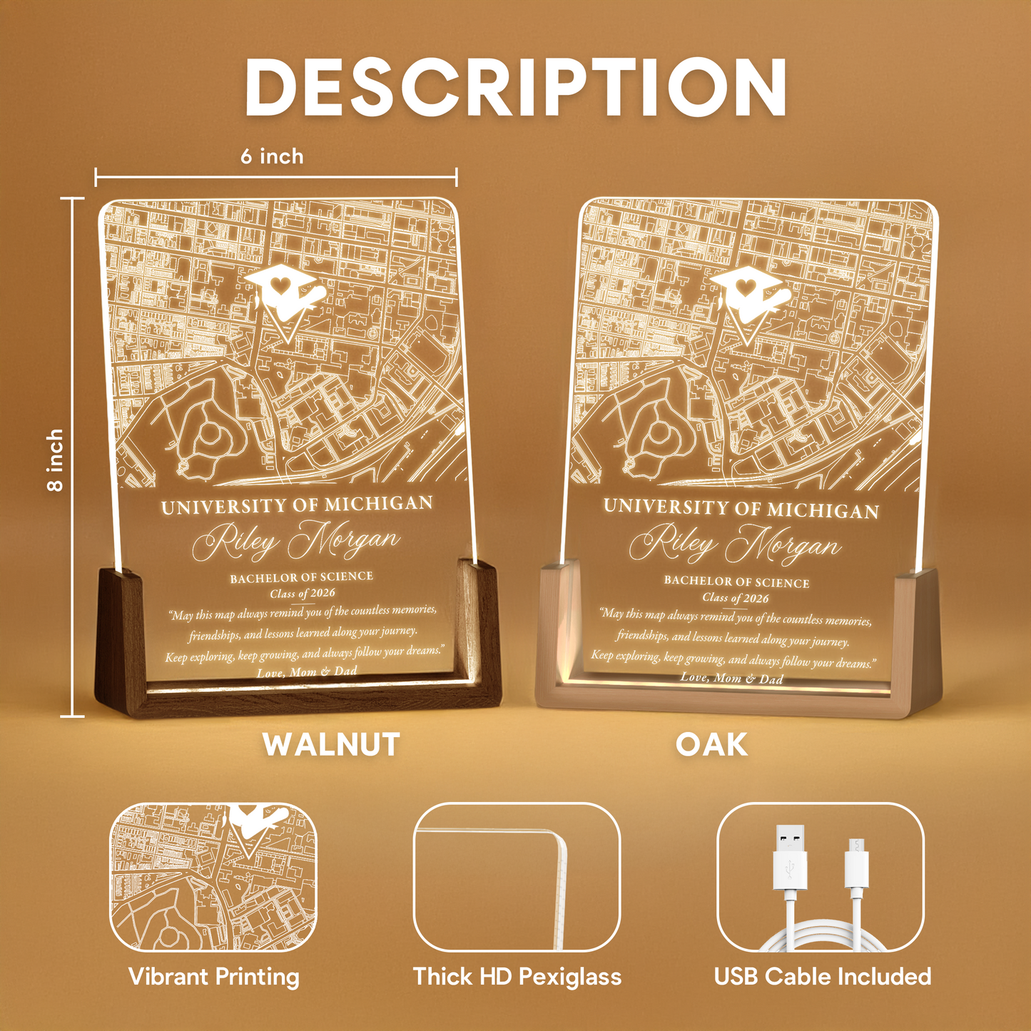 Custom Graduation Map LED Plaque – Personalized University Gift with Name, Degree & Class Year