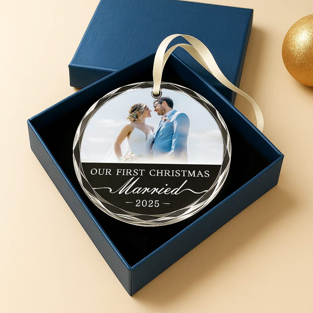 Our First Christmas Married, Custom Glass Ornament With Couple Photo