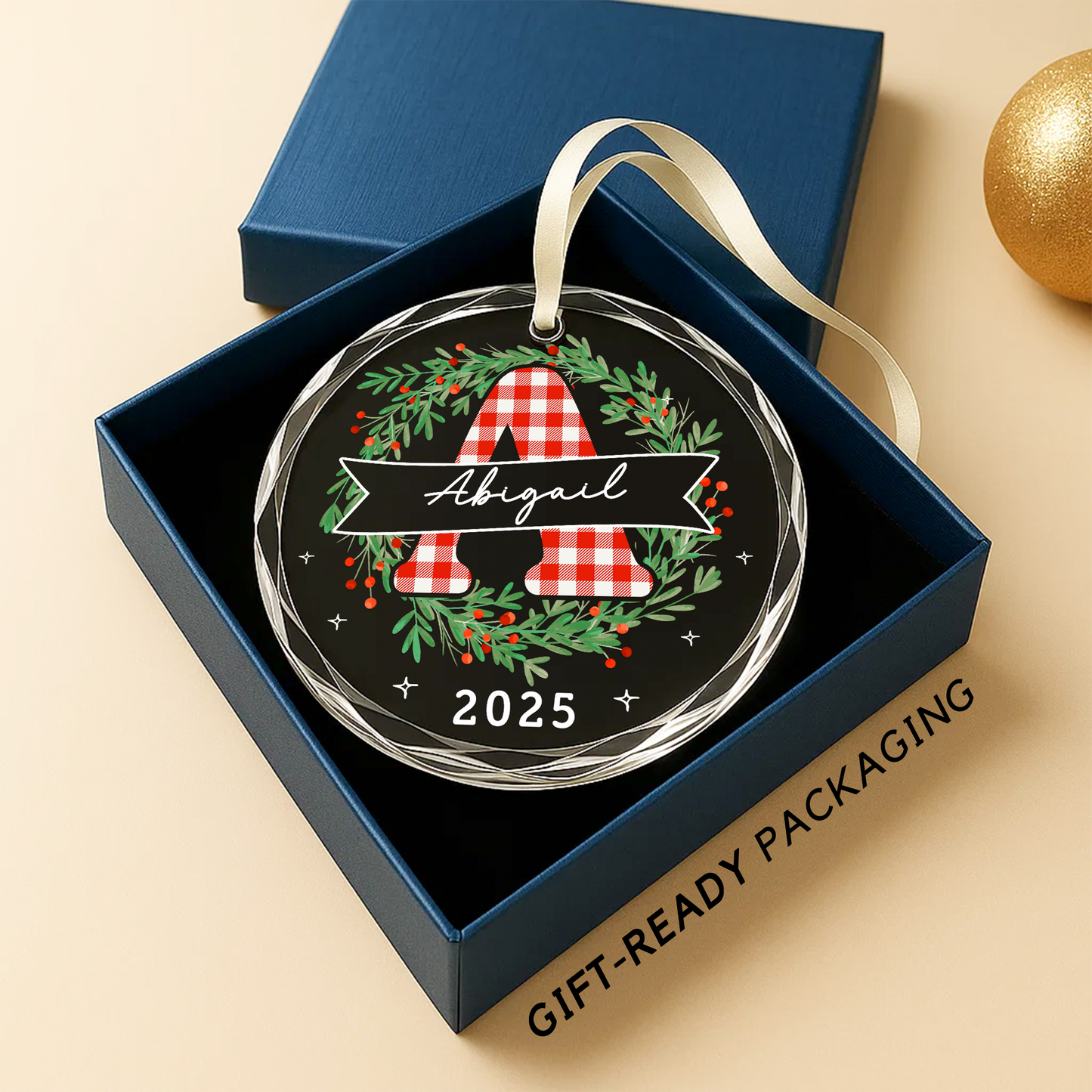 Gingham Letter Wreath with Name Custom Glass Ornament