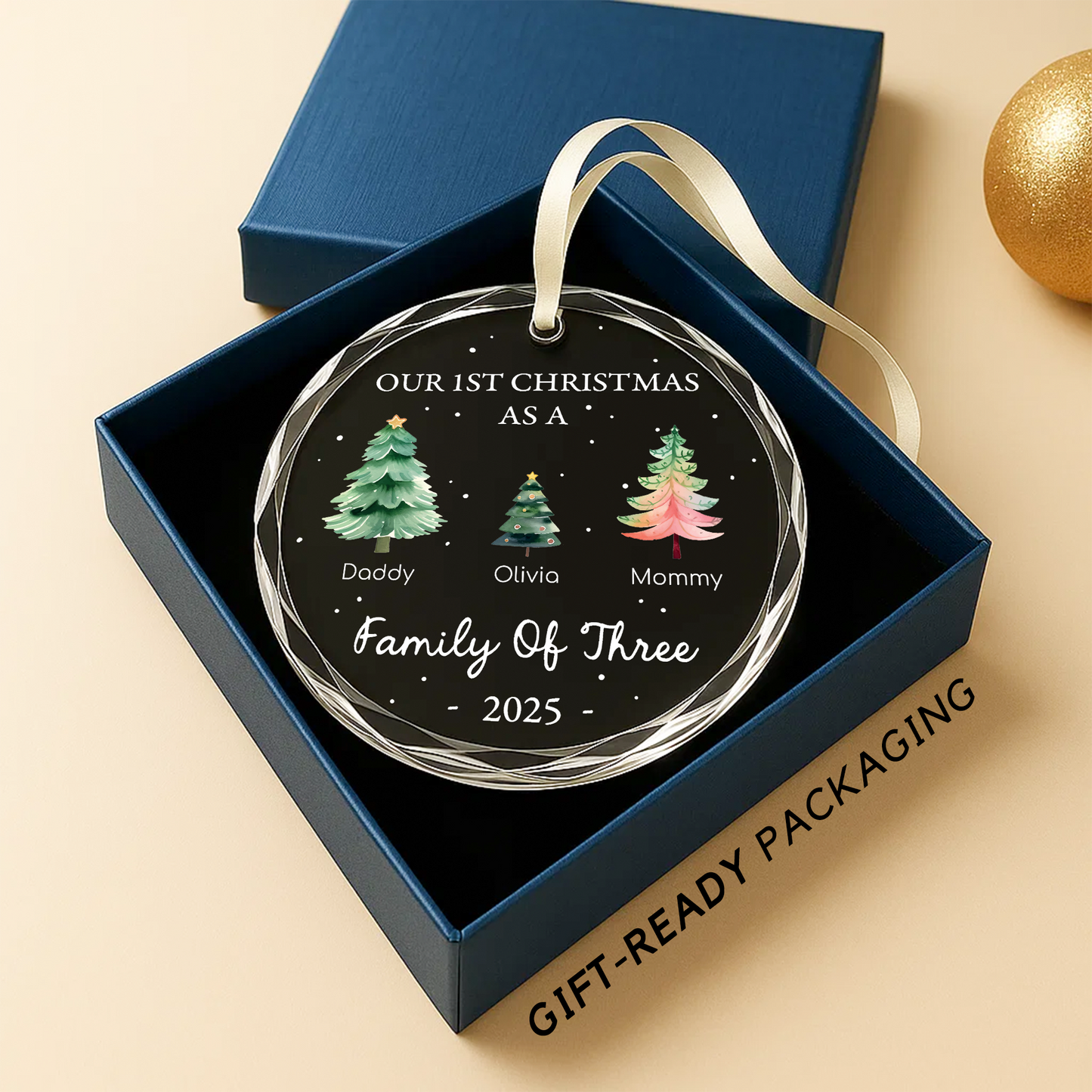 First Christmas as Family of Three Ornament, Customize Name and Year