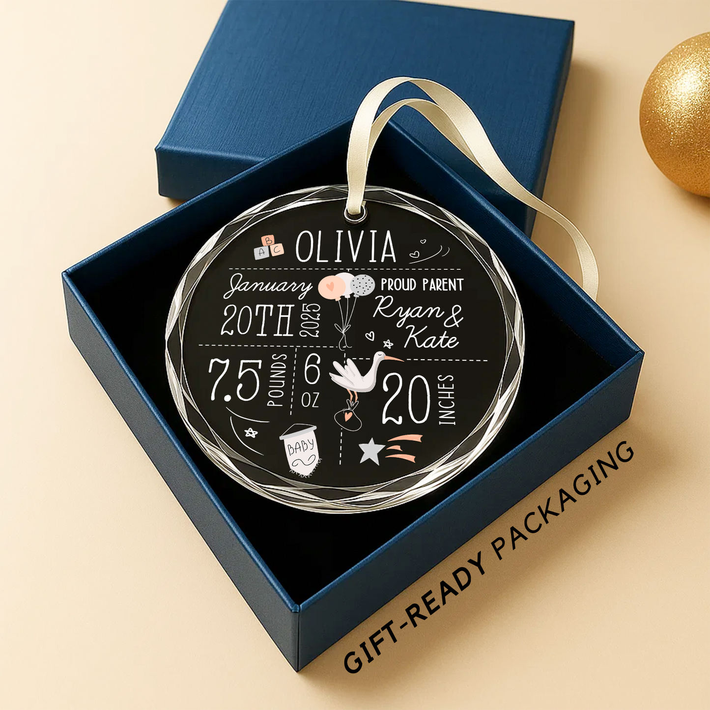 Baby First Christmas Ornament, Custom Name and Birth Stat