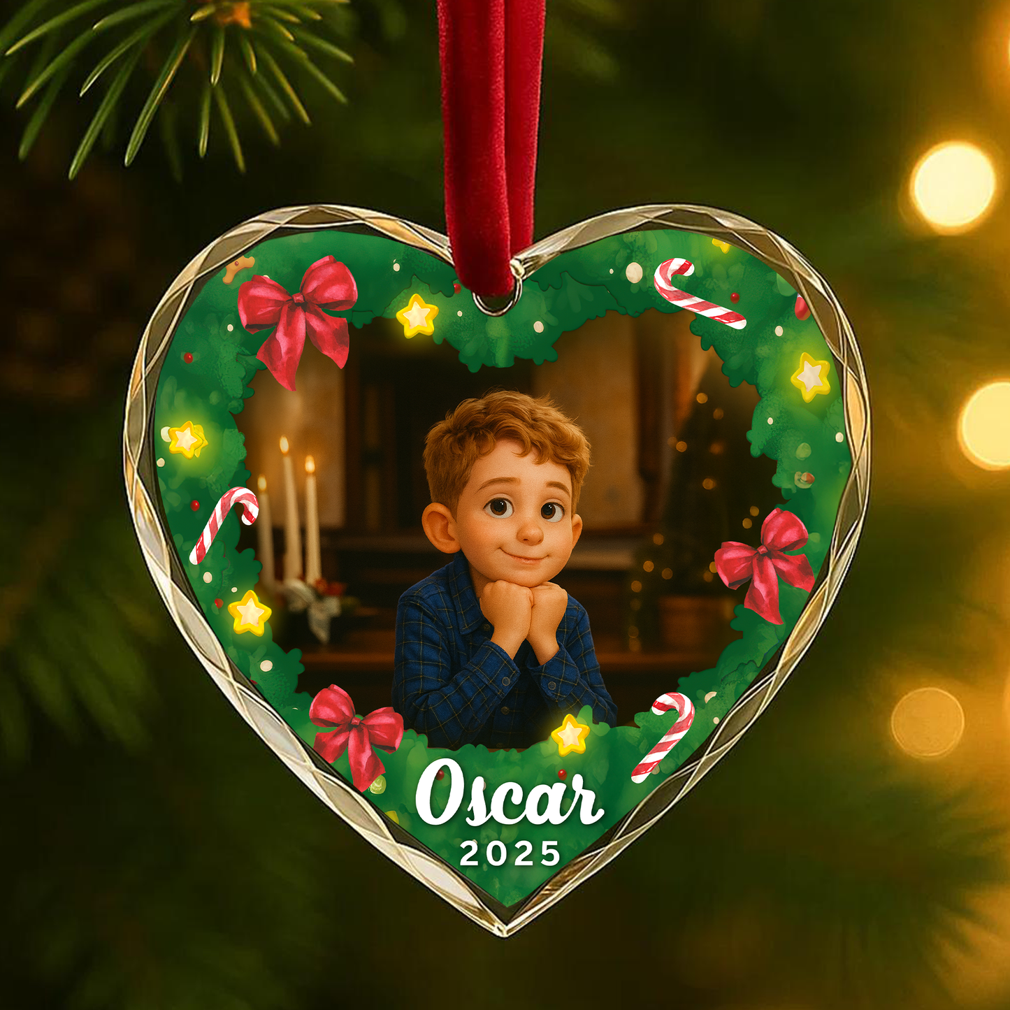 Cartoon Style Child Portrait Christmas Wreath Custom Glass Ornament