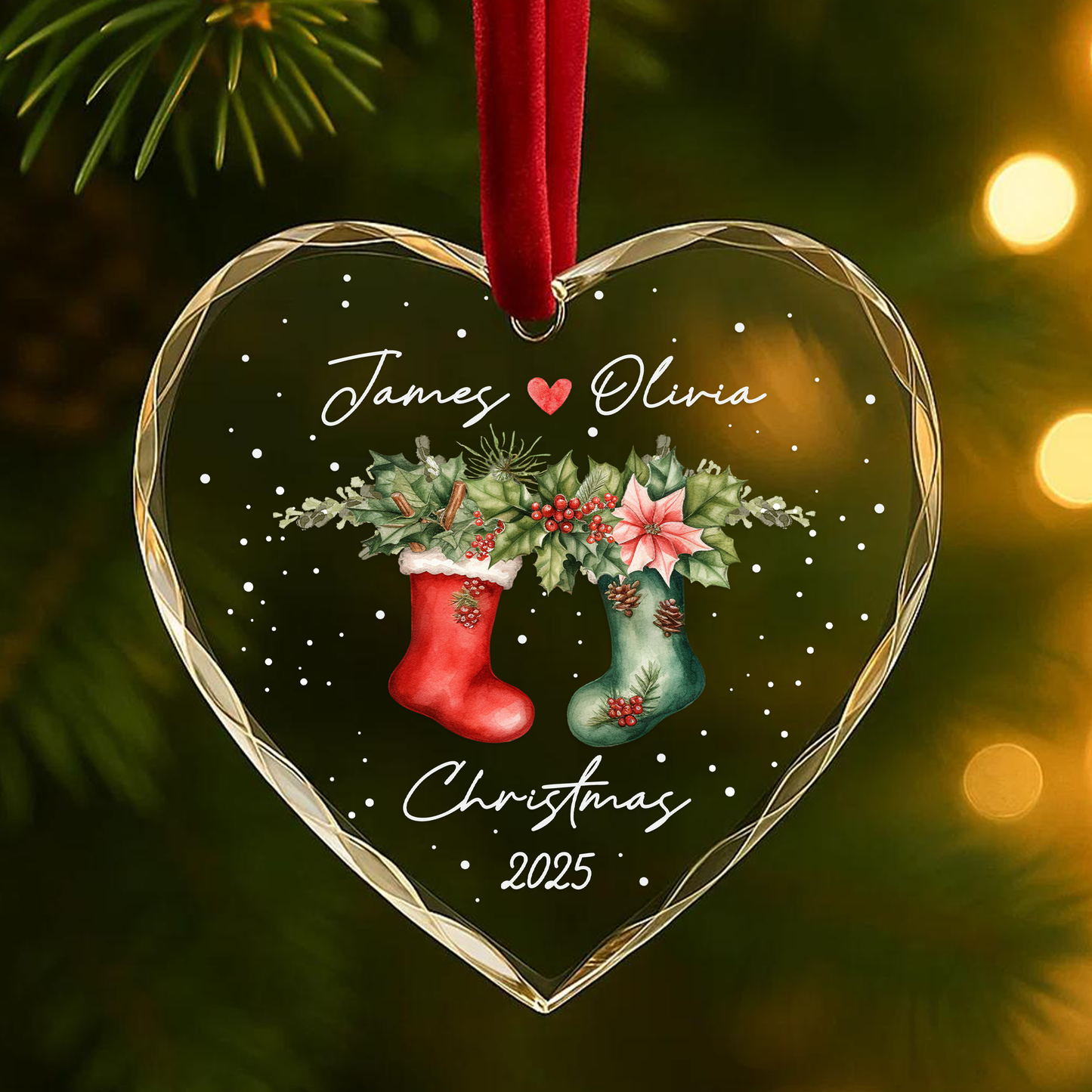 Couple Christmas Ornament with Matching Stockings, Custom Names & Year