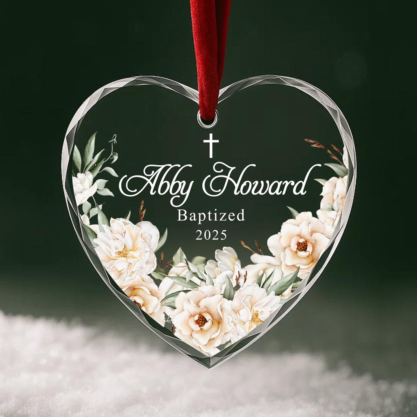 Baptism White Flowers Cross Custom Glass Ornament