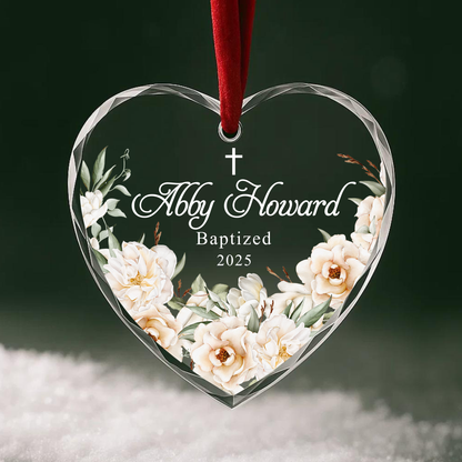 Baptism White Flowers Cross Custom Glass Ornament