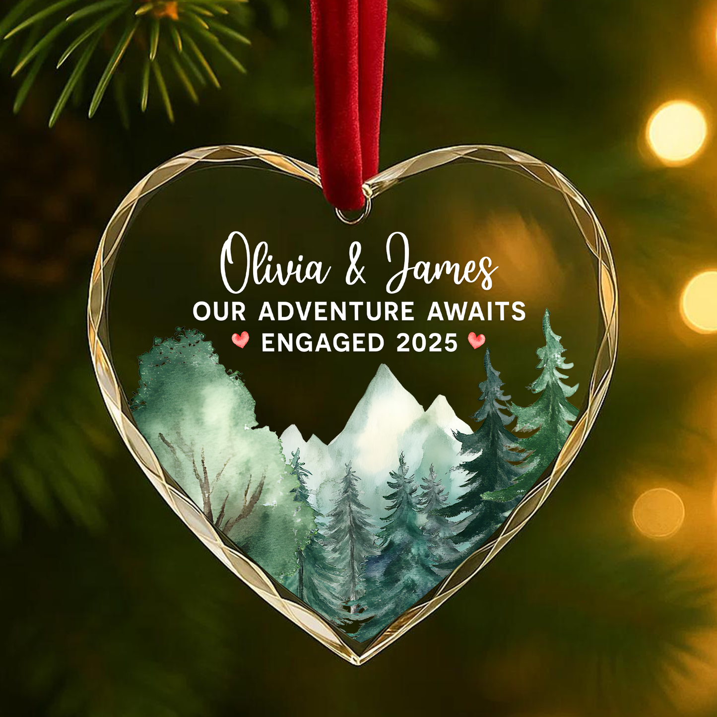 Our Adventure Awaits, Engaged 2025, Mountain Forest Watercolor Ornament