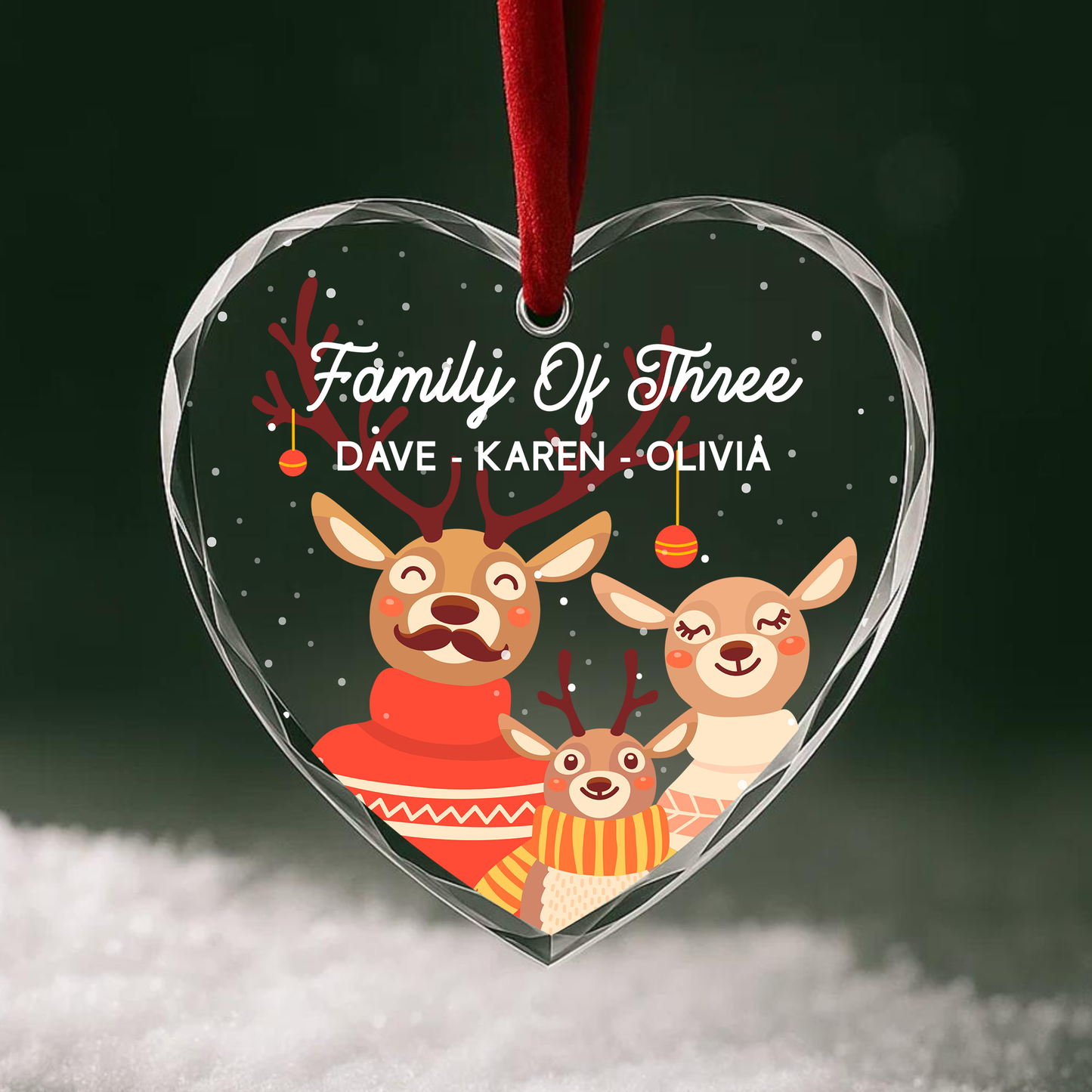 Family of Three Reindeer Custom Glass Ornament