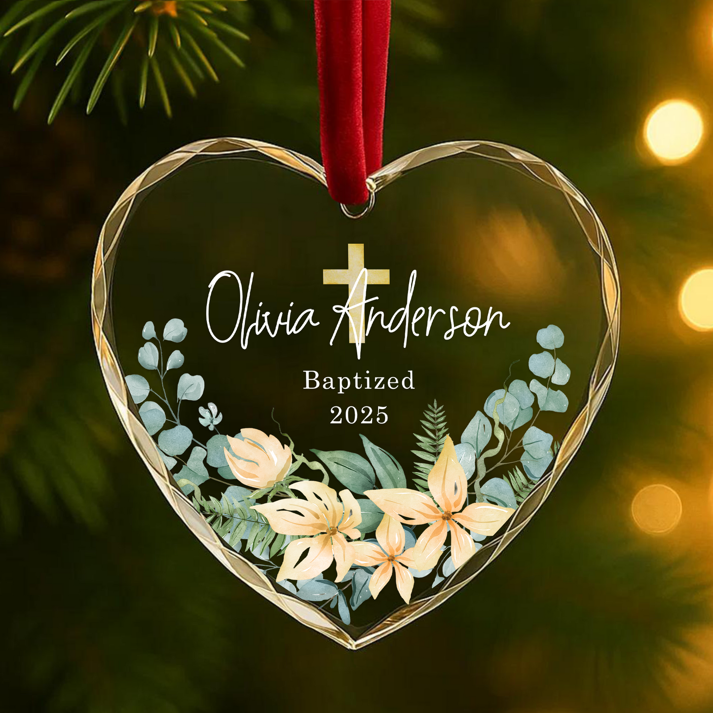 Baptized Ornament with Floral Cross