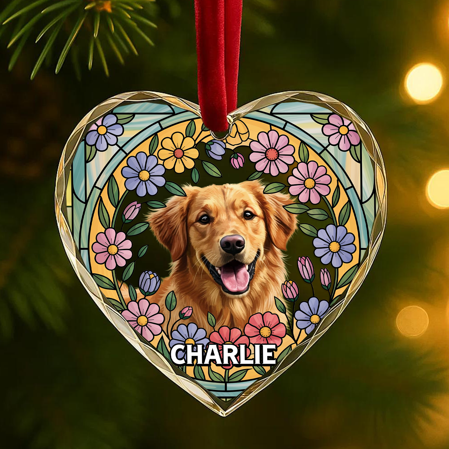 Stained Glass Flower Ornament with Custom Pet Portrait, Personalized Pet Memorial or Christmas Gift