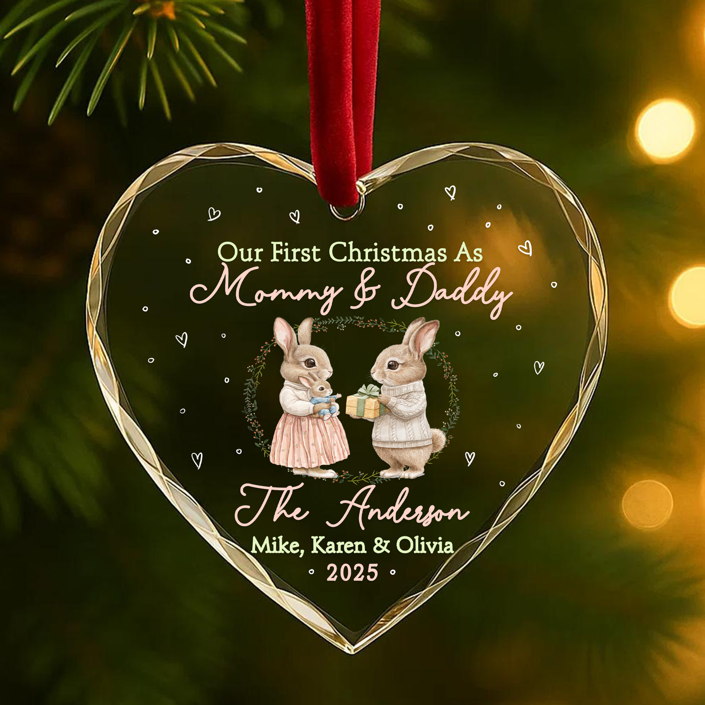 Our First Christmas as Mommy Daddy Bunny Couple Custom Glass Ornament