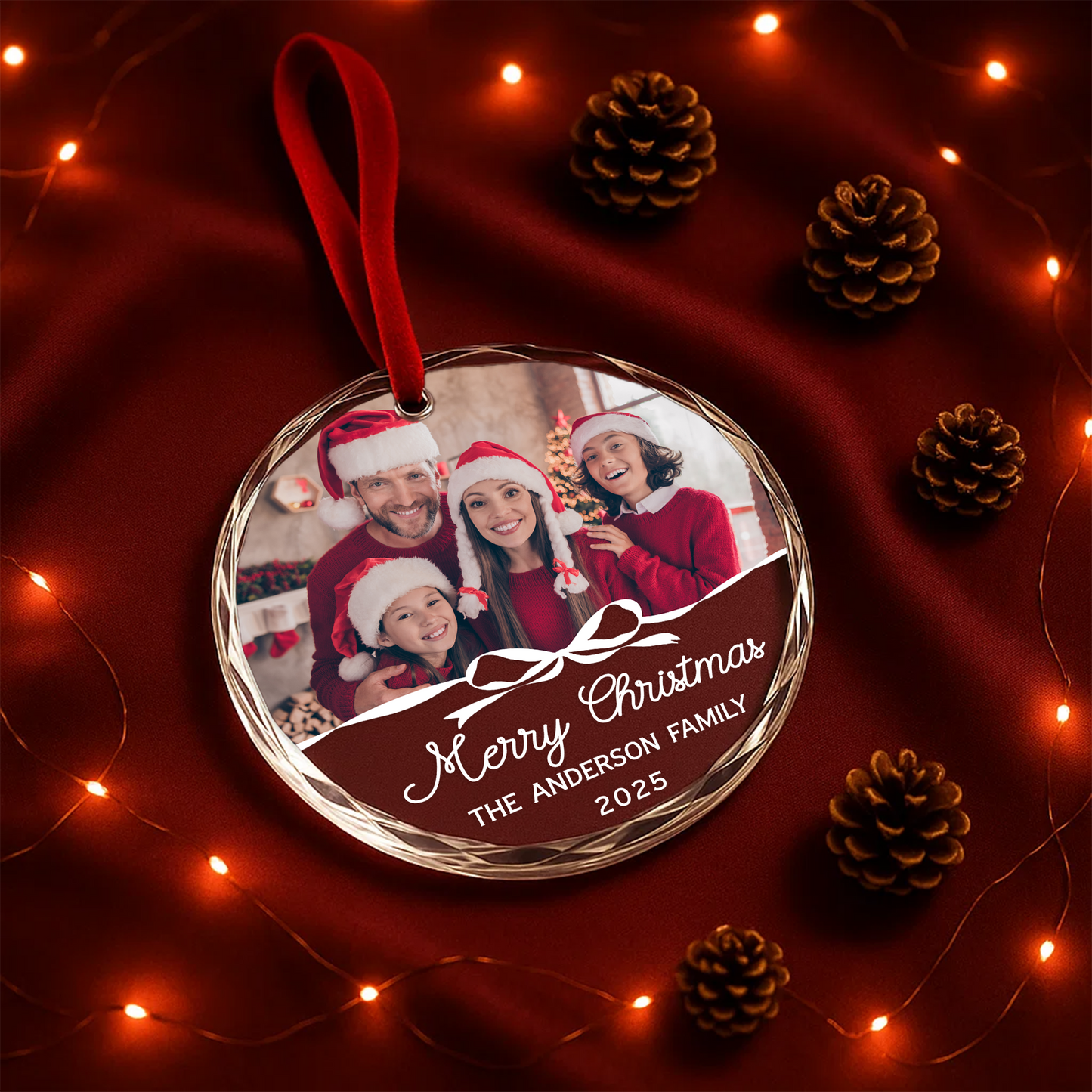 Merry Christmas Family Ornament, Custom Photo with Script Text