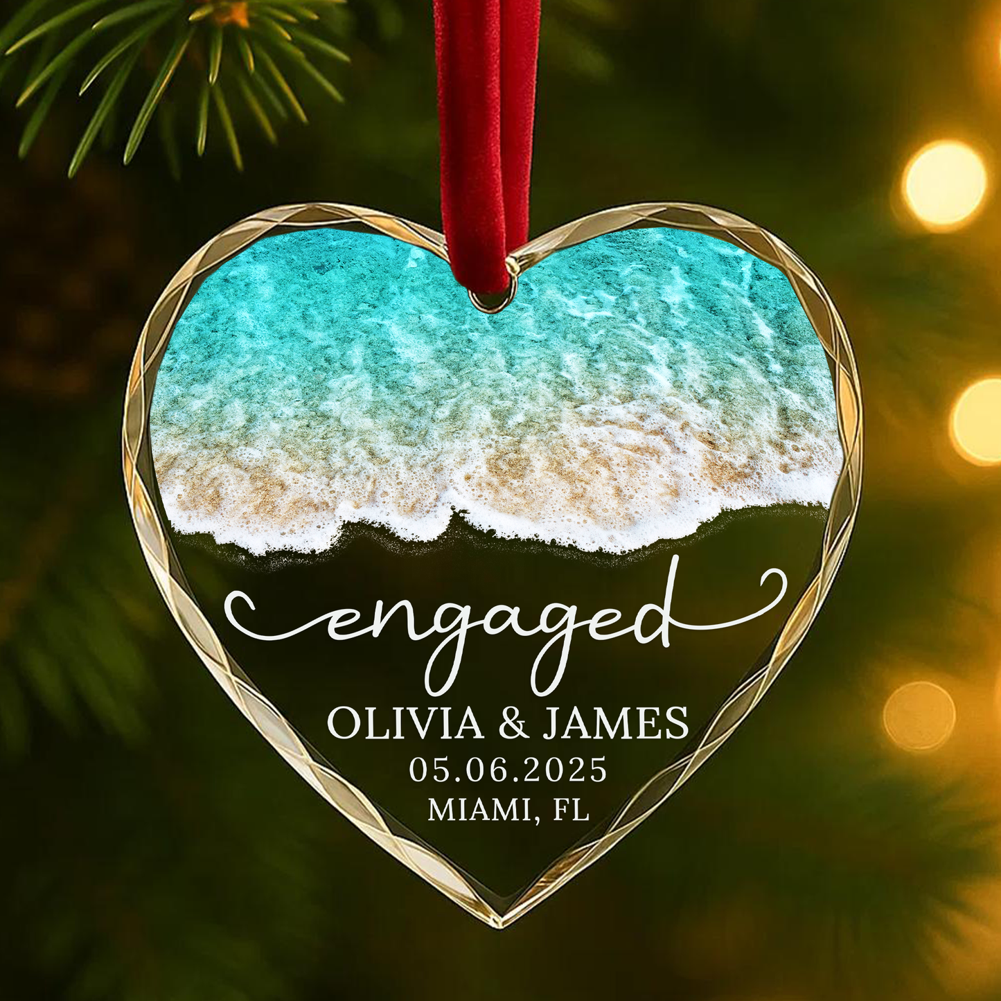 Engaged on the Beach Ornament, Ocean Shoreline Design, Custom Names & Date