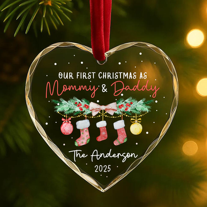 Our First Christmas as Mommy Daddy Stocking Garland Custom Glass Ornament