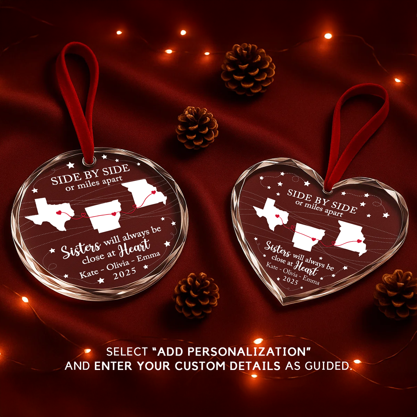 Sisters Will Always Be Close at Heart Long Distance Map Ornament