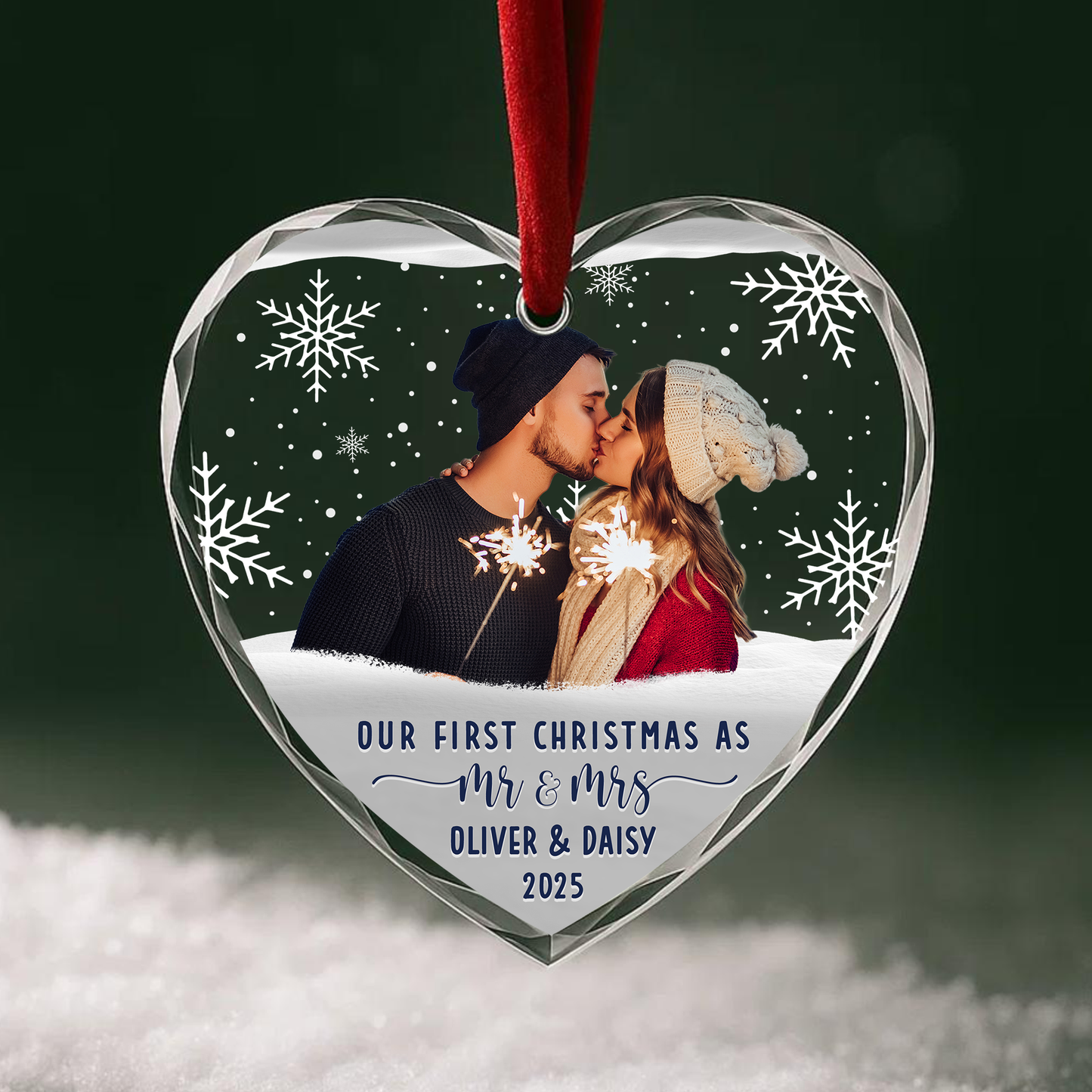 Our First Christmas as Mr and Mrs Couple Photo Custom Glass Ornament
