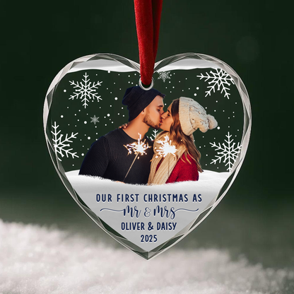 Our First Christmas as Mr and Mrs Couple Photo Custom Glass Ornament