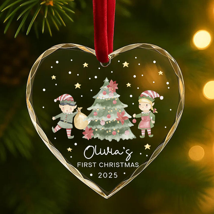 My First Christmas Elves and Tree Custom Glass Ornament