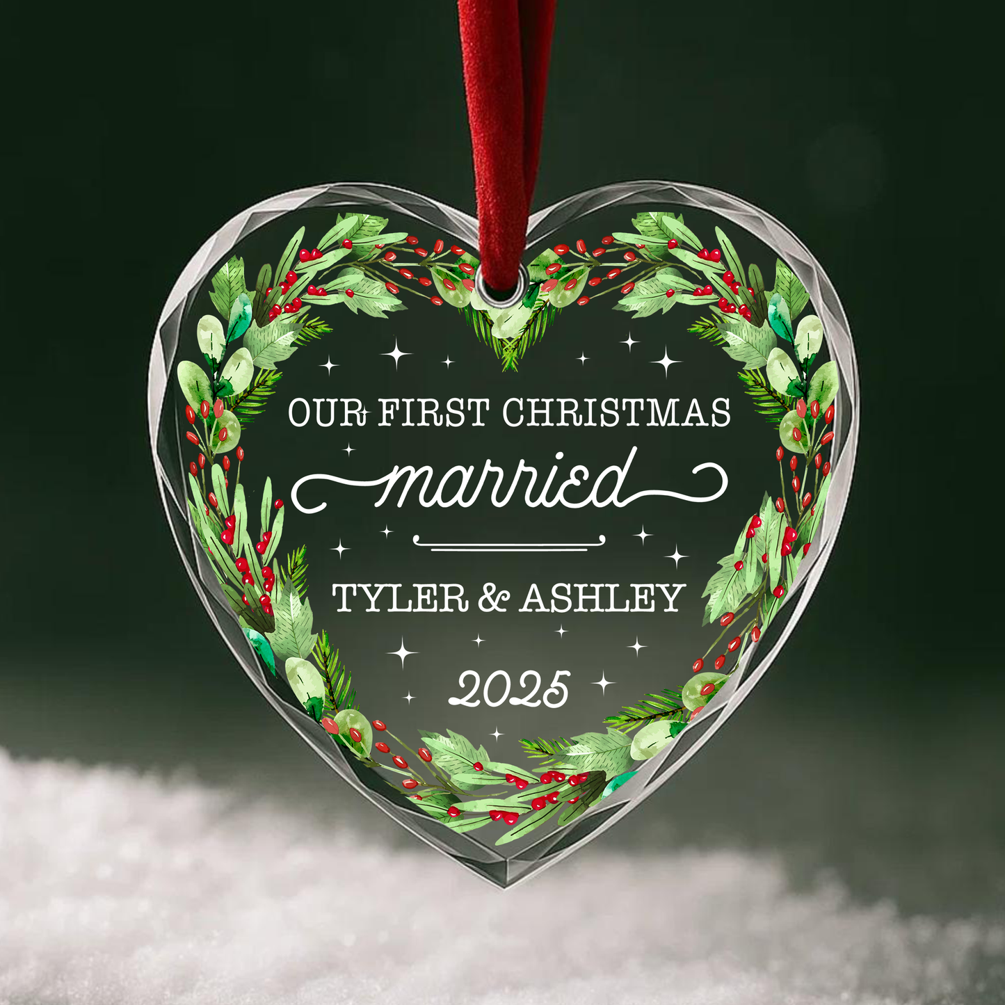 Our First Christmas Married Wreath Custom Glass Ornament