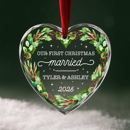 Our First Christmas Married Wreath Custom Glass Ornament