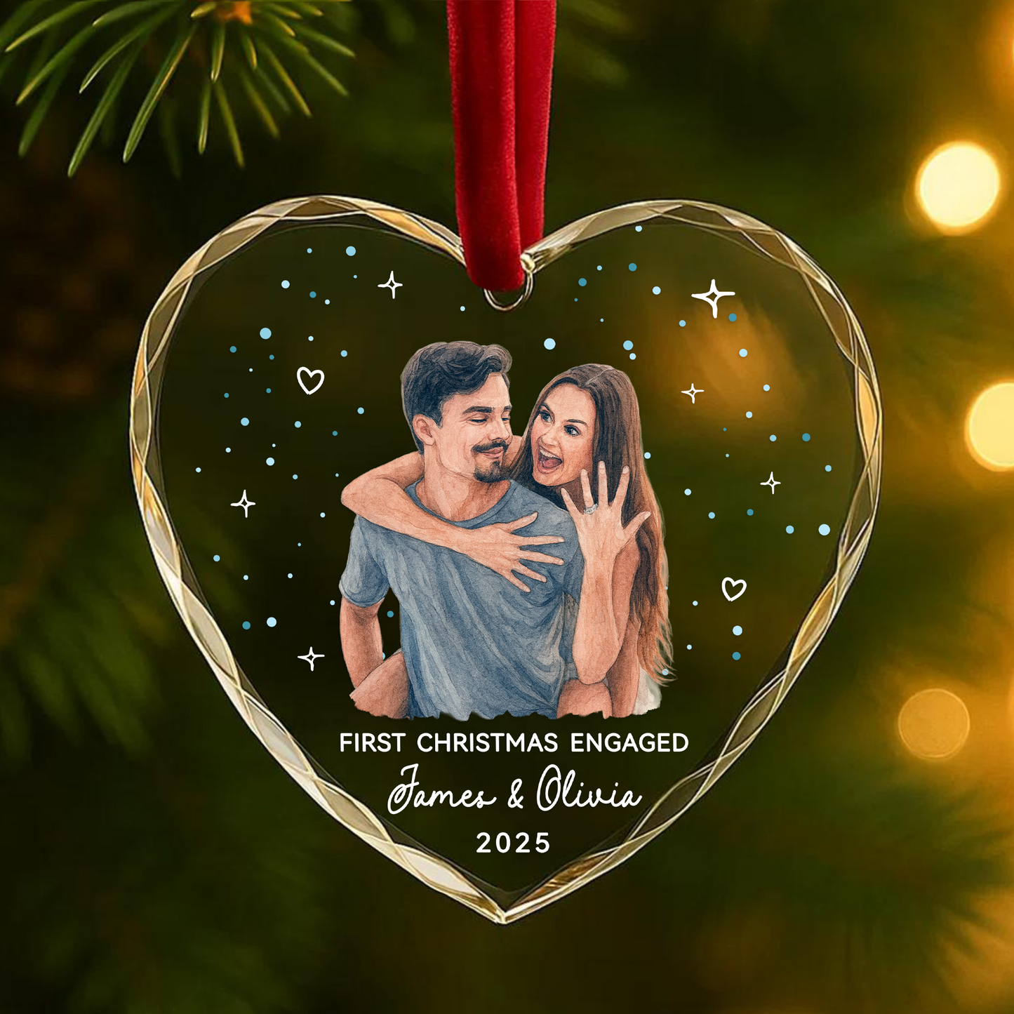 First Christmas Engaged, Custom Couple Portrait Ornament from Photo