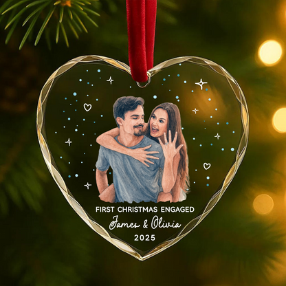 First Christmas Engaged, Custom Couple Portrait Ornament from Photo
