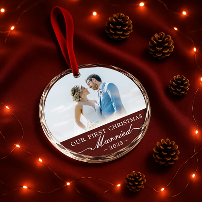 Our First Christmas Married, Custom Glass Ornament With Couple Photo