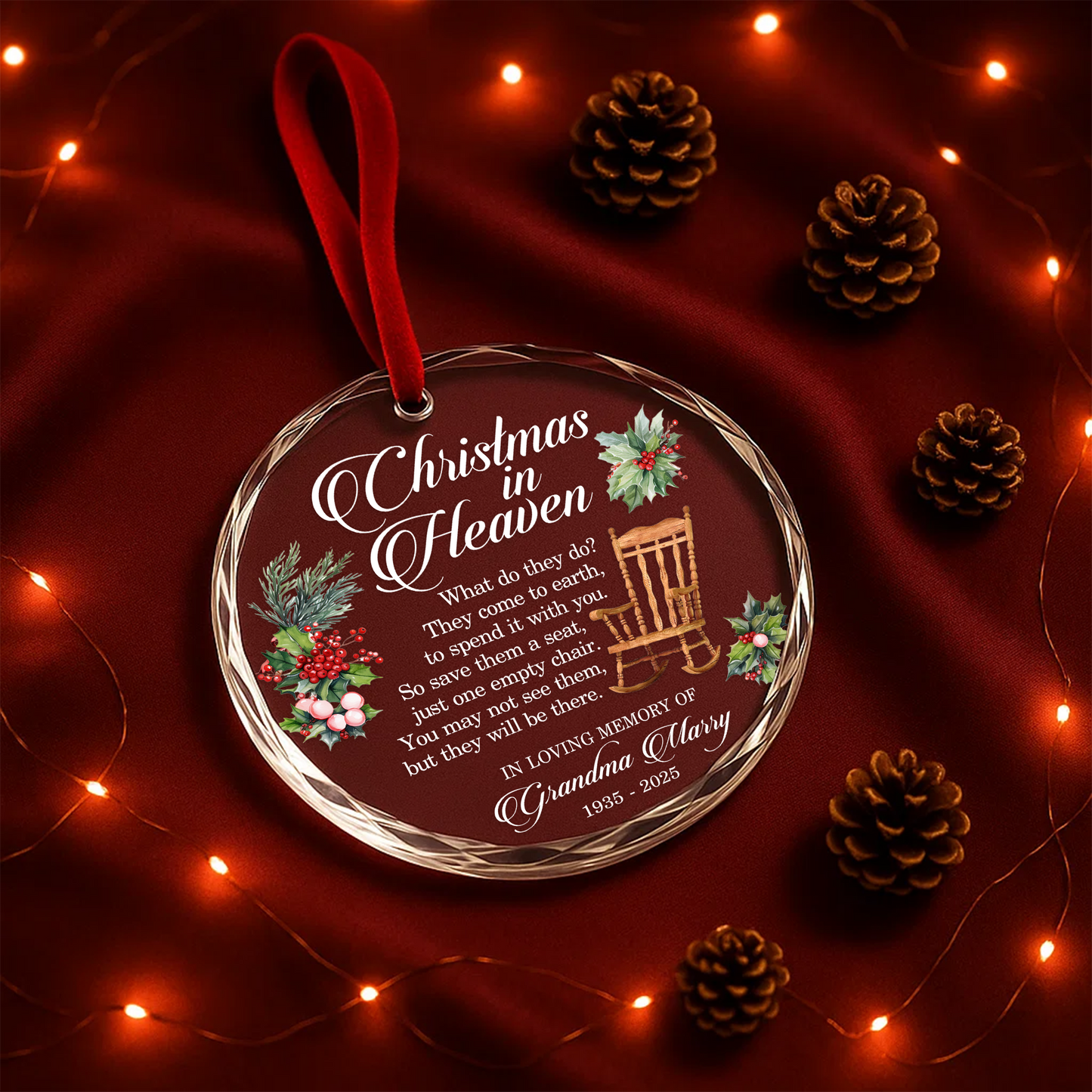 Christmas in Heaven with Rocking Chair Memorial Custom Glass Ornament
